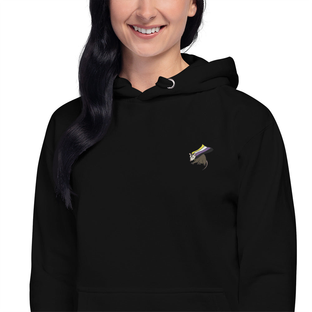 Nonbinary Pride Hoodie with Embroidered Possum